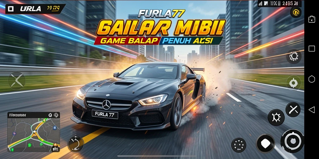Tangkapan layar FURLA77 menampilkan aksi balap mobil yang seru.